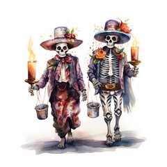 Fototapeta premium Day of the Dead Watercolor, Halloween, Mexican catrina Day of the Dead