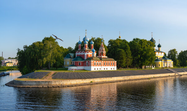 View of the Church of Tsarevich Dimitri on blood in the ancient city of Uglich from the Volga river, panorama
