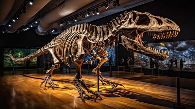  A Large Dinosaur Skeleton In A Museum With A Wooden Floor And Two People In The Background Looking At The Skeleton.  Generative Ai