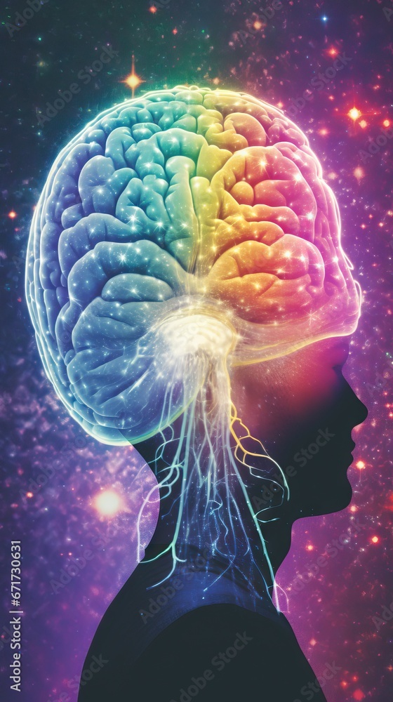 Poster a person's head is shown with a colorful brain in the center of the image and stars in the backgroun
