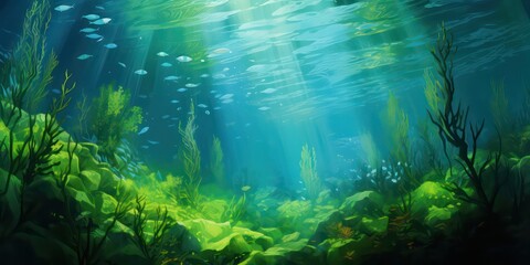 Fototapeta na wymiar Underwater image capturing a seabed adorned with lush green seagrass, illuminated by dappled light and shadows, creating a captivating and serene ambiance.