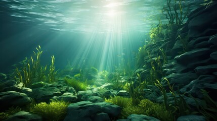 Underwater image capturing a seabed adorned with lush green seagrass, illuminated by dappled light and shadows, creating a captivating and serene ambiance.