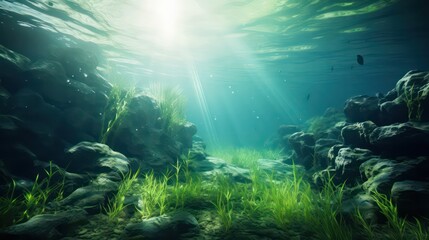 Fototapeta na wymiar Underwater image capturing a seabed adorned with lush green seagrass, illuminated by dappled light and shadows, creating a captivating and serene ambiance.