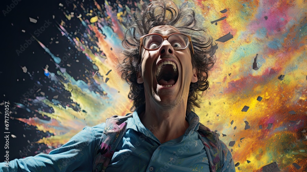 Poster a man with his mouth open in front of a multi - colored explosion of confetti and sprinkles. generat