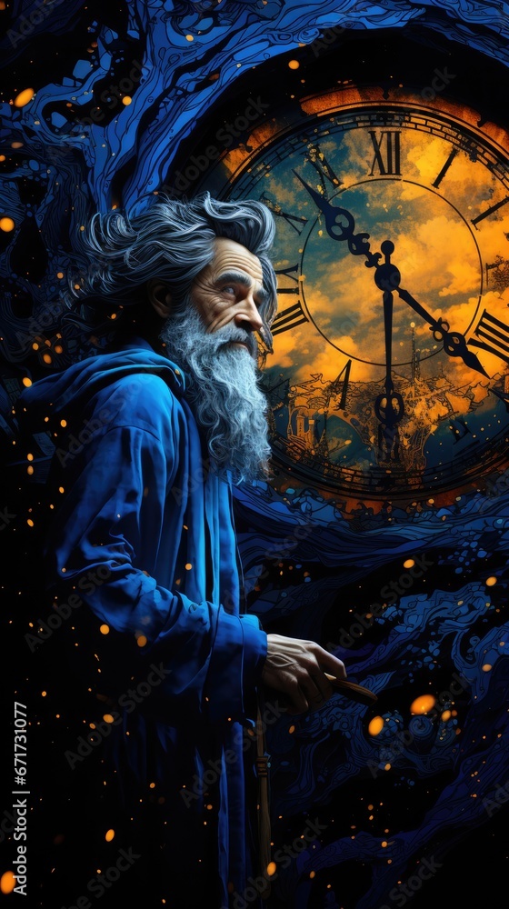 Poster a painting of a man with a long beard and a beard standing in front of a clock with a sky background