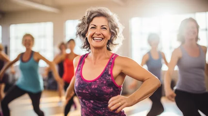 Tuinposter Middle-aged white women enjoying a joyful dance class, candidly expressing their active lifestyle through Zumba with friends, generative ai © Hixel