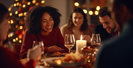 Obraz na płótnie Canvas Friends of various ethnicities enjoying a joyful Christmas dinner together at home