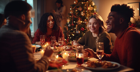 Obraz na płótnie Canvas Friends of various ethnicities enjoying a joyful Christmas dinner together at home