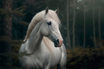 Portrait of a white horse in the forest.