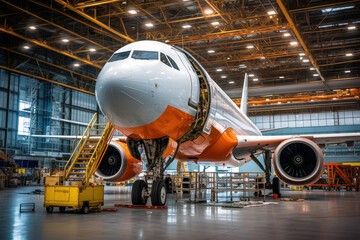 Maintenance of aircraft in hangar. Checking system and replacement of spare parts for safe flights - obrazy, fototapety, plakaty
