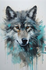 Artistic portrait of a gray wolf, abstract oil painting.