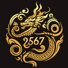 Thai naga, Chinese dragon symbol illustration Combining the numbers 2567 for the New Year festival 2567 - Vector