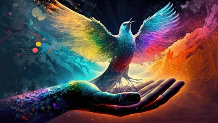 AI generated illustration of a hand reaching out to a rainbow dove symbolizing peace and unity - obrazy, fototapety, plakaty