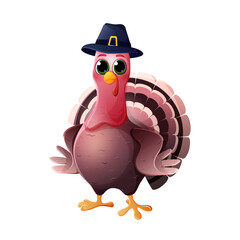 Thanksgiving Day. Cute cartoon character turkey bird in pilgrim hat . Vector illustration