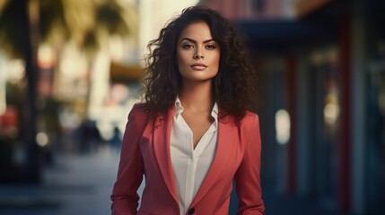 beautiful and confident latina woman entrepreneur wearing elegant business suit
 - obrazy, fototapety, plakaty