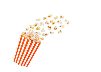 box orange with popcorn in flight on a white transparent background close-up