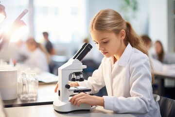 Schoolgirl using working with microscope at biology chemistry lesson class at school lab - obrazy, fototapety, plakaty