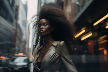 Blurred side angle of an ebony female model in the background of a New York street in surreal fashion photography style