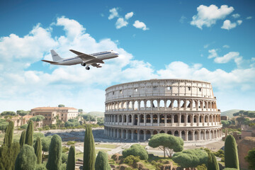 Airbus A320 on a sunny day over Colosseum in Rome - obrazy, fototapety, plakaty