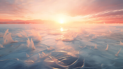 A fascinating scene of a frozen lake, the ice patterns forming a natural artwork, under the soft glow of the winter sun - obrazy, fototapety, plakaty