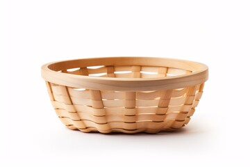 A vacant, wooden basket intended for fruit/bread sits on a plain white surface.
