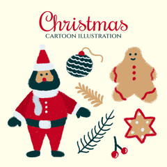 Christmas hand drawn cartoon collection, santau claus, christmas light, ginger cookies, pine tree, cherry.