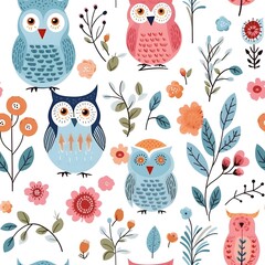 Cute cartoon owls seamless pattern background.