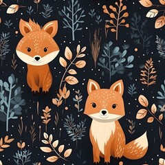 Cute cartoon fox seamless pattern background.