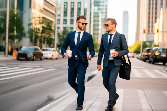 Two attractive confident hispanic businessmen in suits walking outdoors at the city streets. Two businessmen walking and talking at urban city. Middle eastern businessman walking near office building.