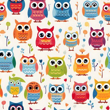 Cute cartoon owls seamless pattern background.