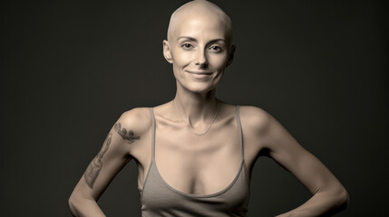 Patient with cancer holding her head up as she smiles to the camera.