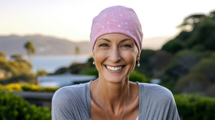 A smiling woman wearing a pink turban for cancer treatment. - obrazy, fototapety, plakaty