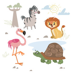 Cartoon set of African wild animals. Zebra, lion, flamingo and turtle characters. Cute zoo or safari park inhabitants. Vector illustrations.