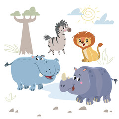 Cartoon set of African wild animals. Zebra, hippo, lion and rhino characters. Cute zoo or safari park inhabitants. Vector illustrations.