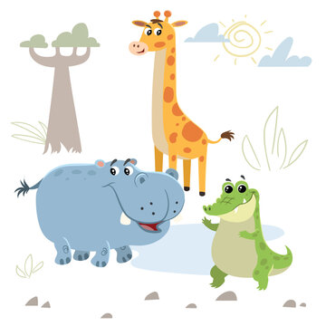Cartoon set of African wild animals. Giraffe, hippo and crocodile characters. Cute zoo or safari park inhabitants. Vector illustrations.