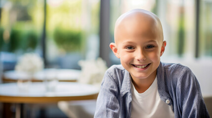 Boy smiling at a table with a bald head.