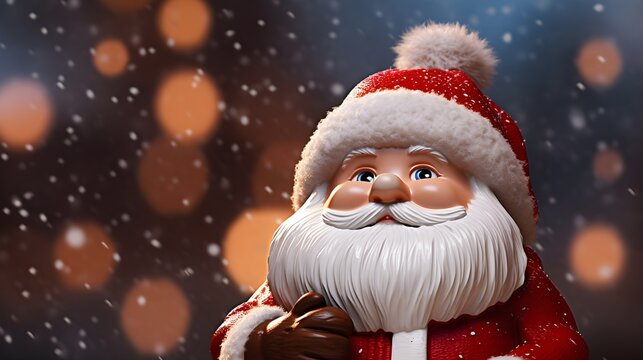 Cute Santa Claus in Christmas Attire with a Snowy Blur Background