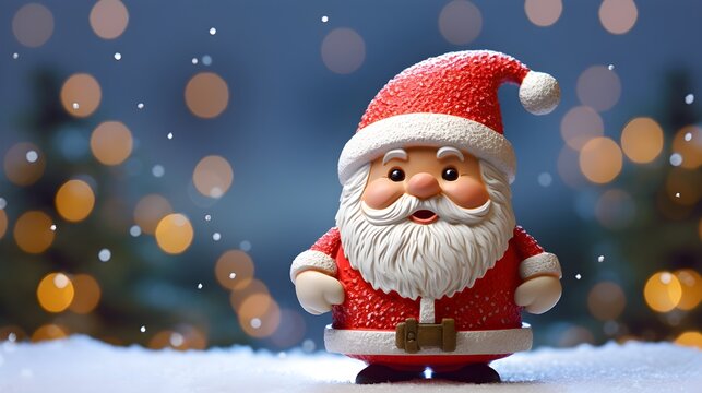 Cute Santa Claus in Christmas Attire with a Snowy Blur Background