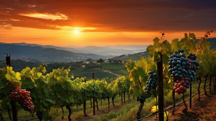 Ripe grapes in vineyard at sunset, Tuscany, Italy.  - obrazy, fototapety, plakaty