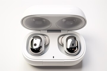 A picture of cordless earphones in a loaded container on a white background is displayed.