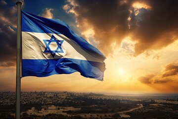 Flag of Israel over the sunset sky. Ai Generative