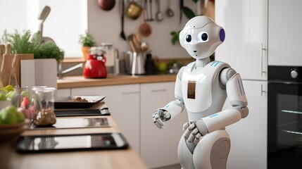 Robot cooks the food in a modern kitchen. technologies in modern life concept