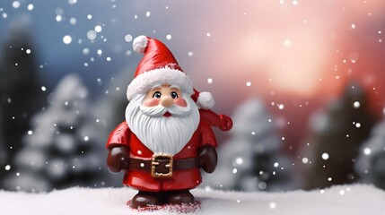 Fototapeta na wymiar Cute Santa Claus in Christmas Attire with a Snowy Blur Background