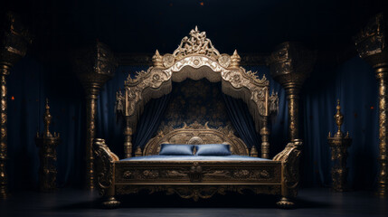 An opulent, ornately carved wooden bed with a canopy of rich velvet and gold embroidery