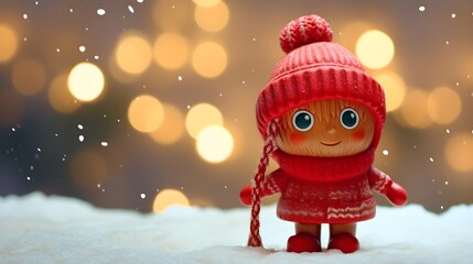Adorable Character in Christmas Attire with Snowy Blur Background