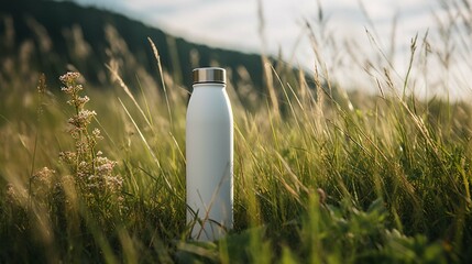 White stainless thermos bottle sitting in grass 