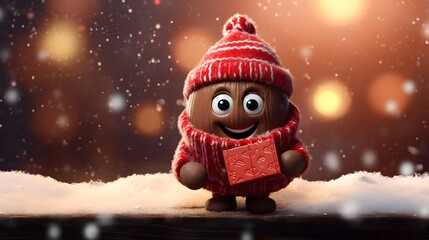 Cute Christmas Chocolate Bar Character in Snowy Setting