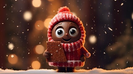Cute Christmas Chocolate Bar Character in Snowy Setting