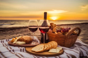 Foto auf Acrylglas Sunset Beach Picnic: A romantic picnic setup with a blanket, red wine glasses and food on stunning beach sunset © ZenShots Images