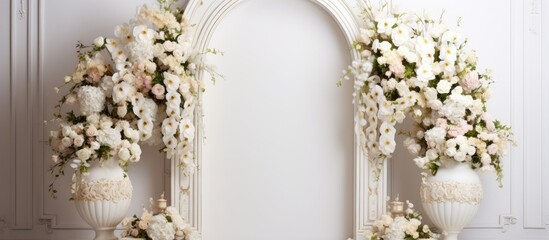 Fototapeta na wymiar Elegant wedding arch adorned with tall vases and flowers